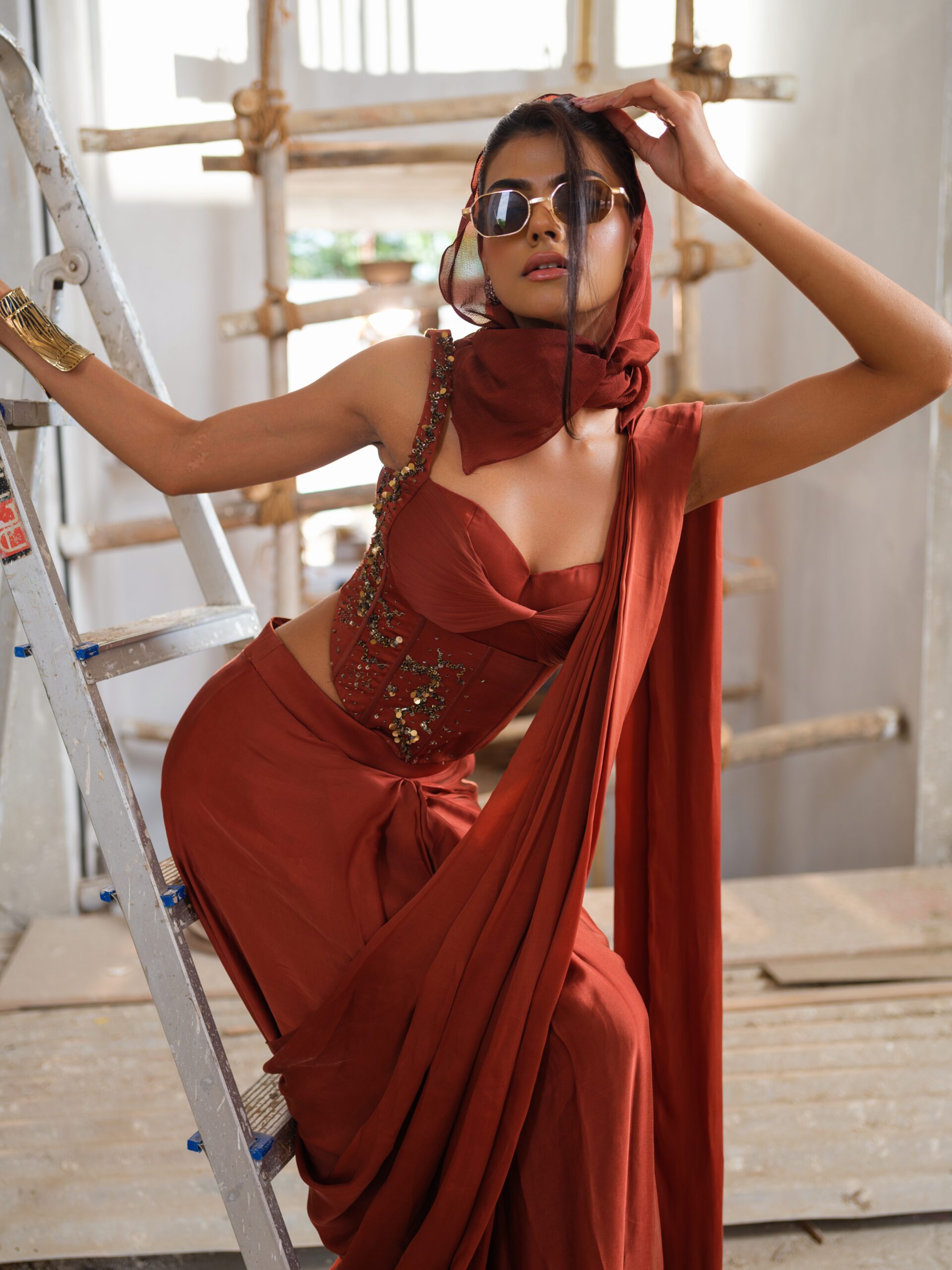 Rust Print and Highlighted Draped Saree Set